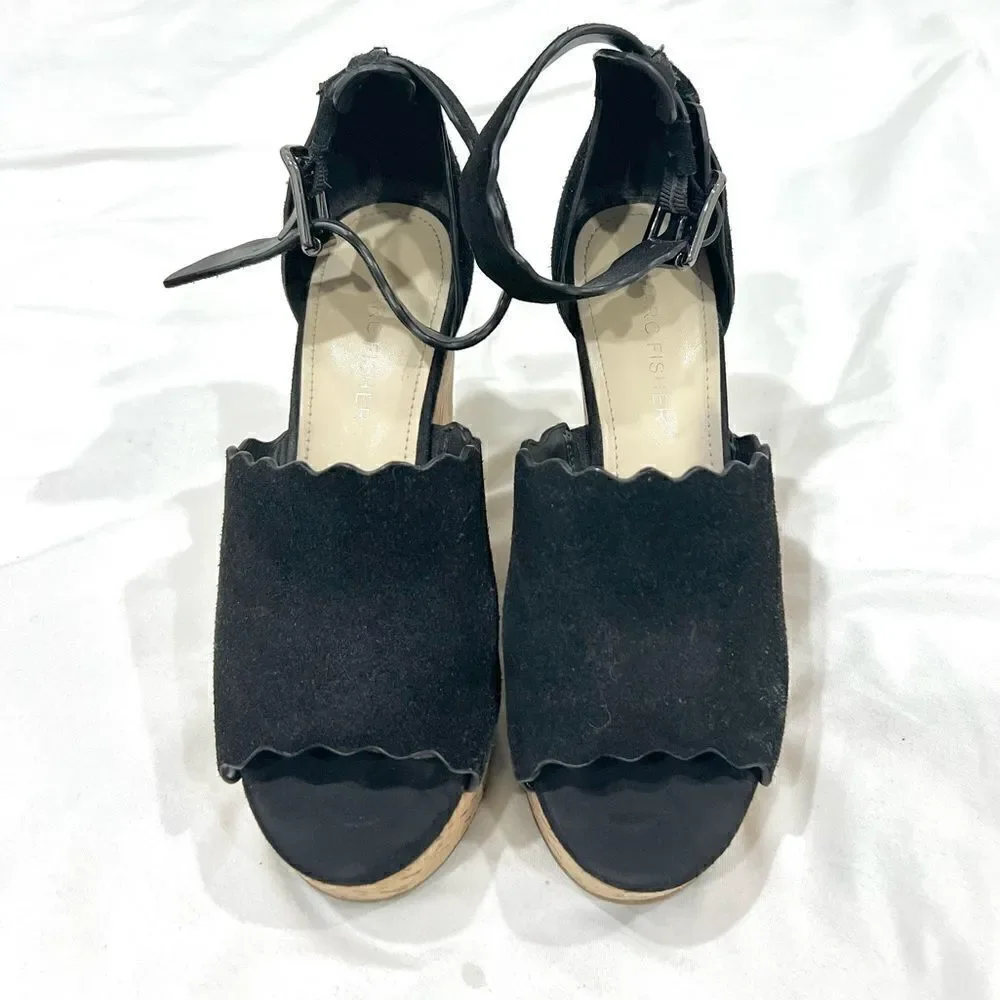 Marc Fisher black suede cork wedges sandals size 6M runs big
